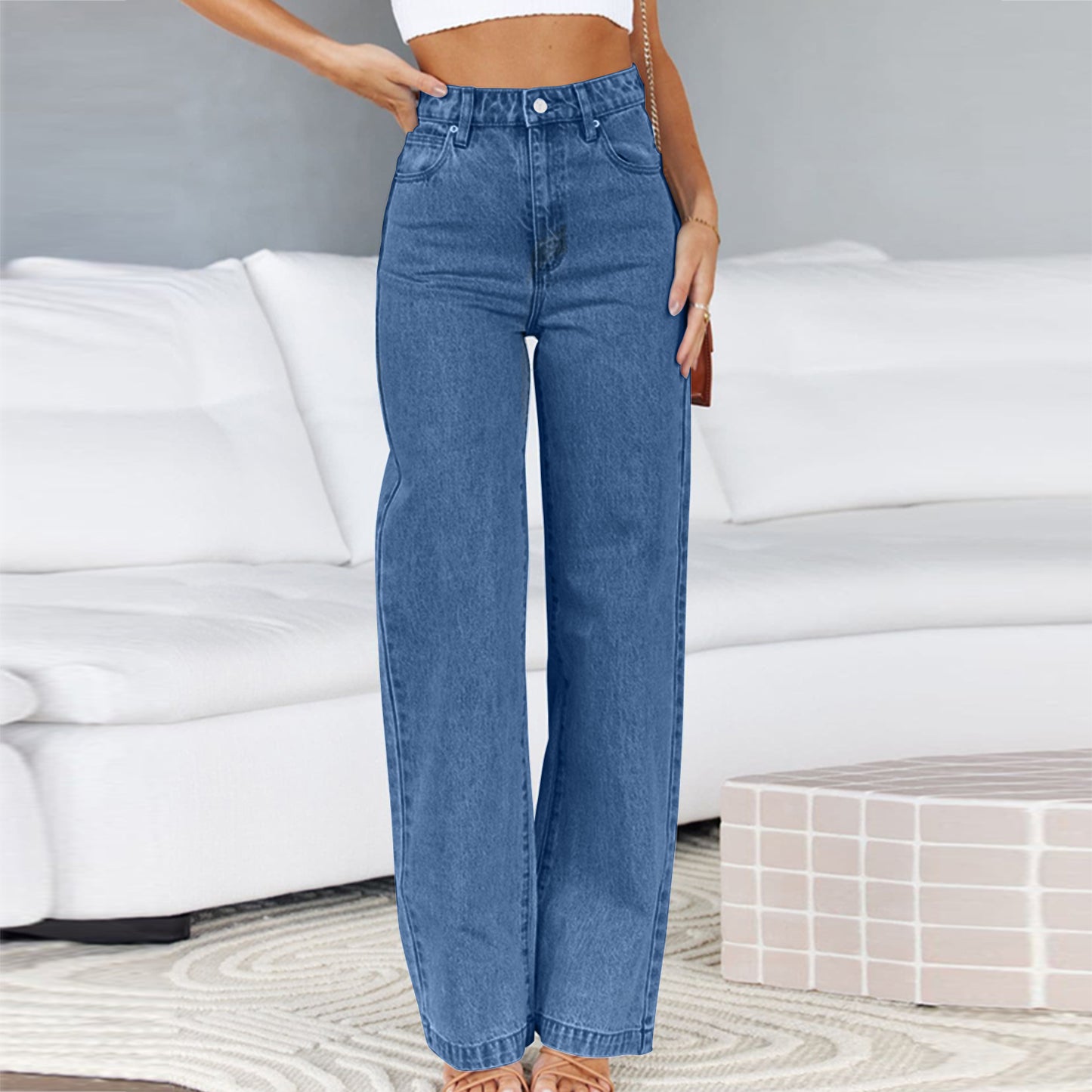 Mid Waisted Straight Leg Loose Lightweight Tummy Control Jeans