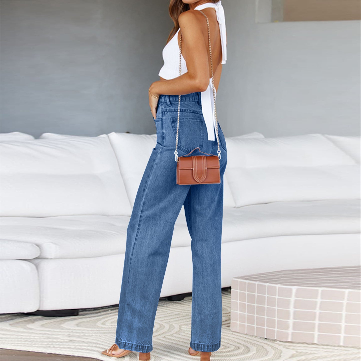 Mid Waisted Straight Leg Loose Lightweight Tummy Control Jeans