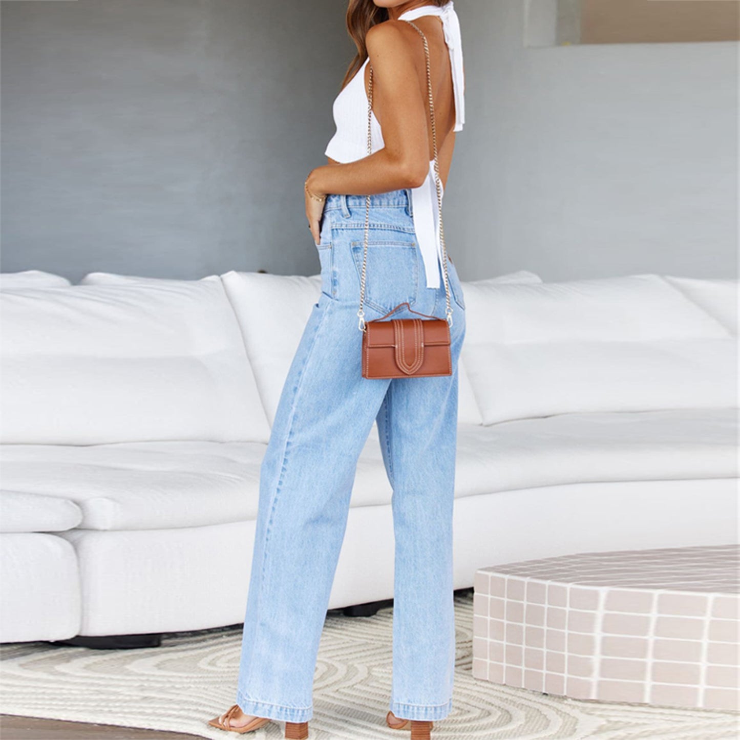 Mid Waisted Straight Leg Loose Lightweight Tummy Control Jeans