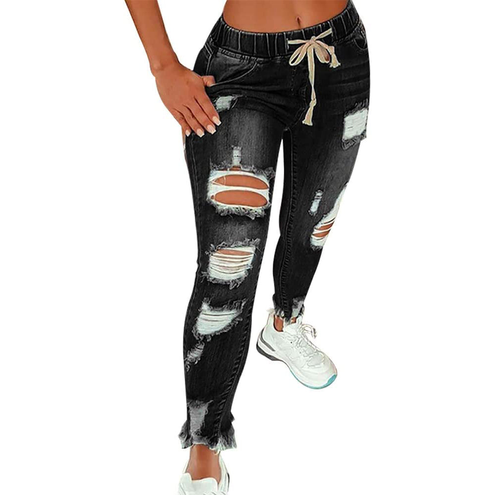 Women High Waist Destroyed Stretch Jeans Trousers Ripped Denim Skinny Pants