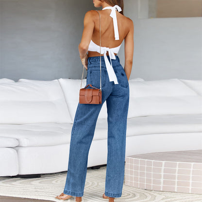 Mid Waisted Straight Leg Loose Lightweight Tummy Control Jeans