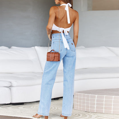 Mid Waisted Straight Leg Loose Lightweight Tummy Control Jeans