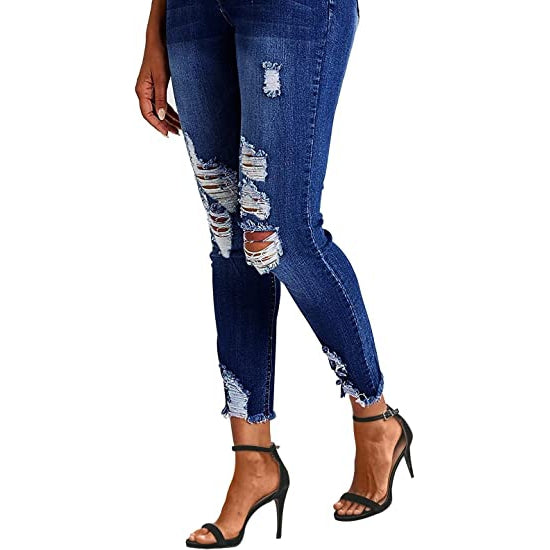 Summer Women's High Waist Ripped Jeans Black Blue Casual Side Tassels Hole  Patchwork High Elastic Skinny Denim Pants Spring Fall